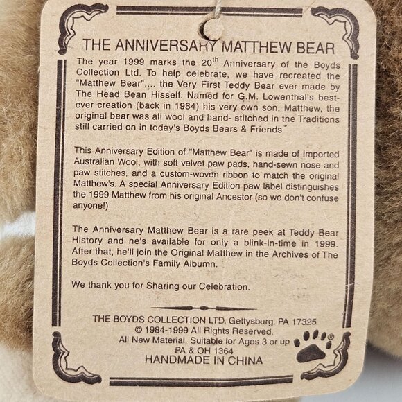 Boyds Bears Plush Matthew 20th Anniversary Limited Edition Australian Wool - Picture 7 of 11